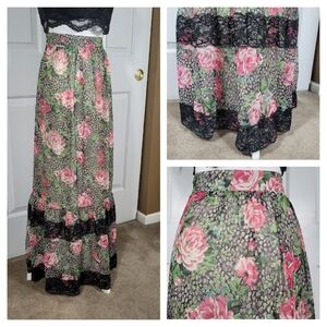 Floral Chiffon & Black Lace Maxi Skirt Pink Roses Size Large